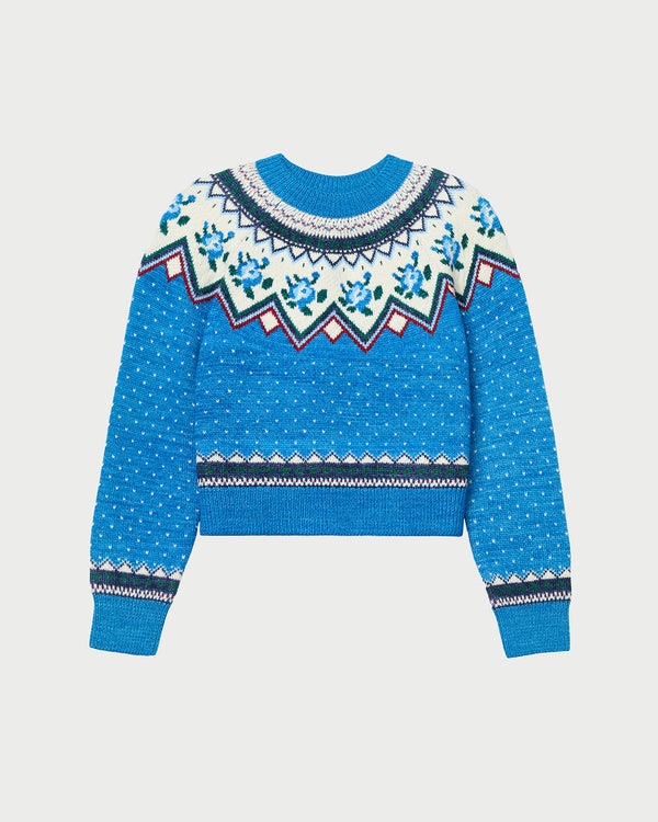 Clark Sweater in blue and cream floral wool.