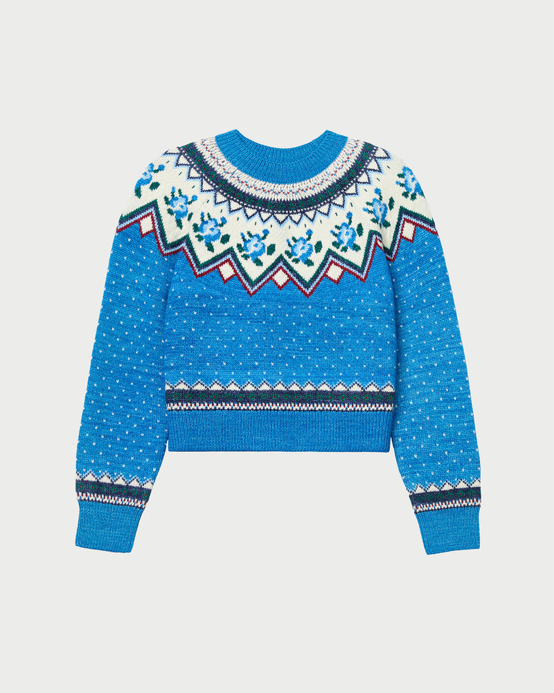 Clark Sweater in blue and cream floral wool.