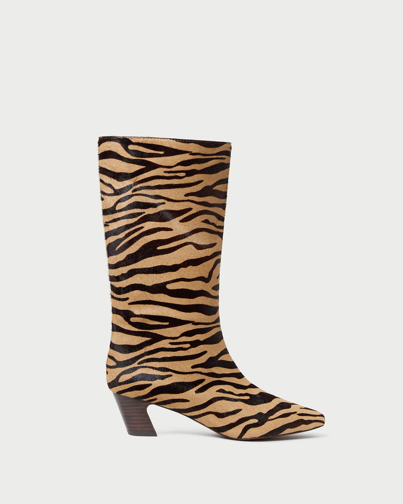 Cleo Zebra Mid-Calf Boot in zebra calf hair.