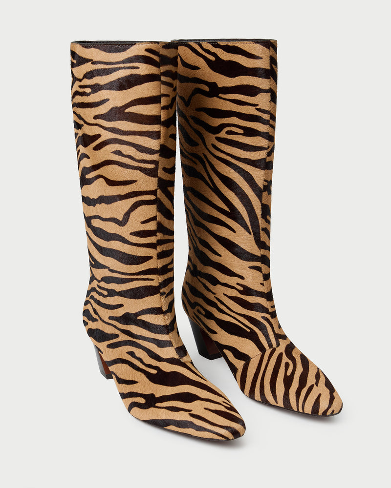 Cleo Zebra Mid-Calf Boot in zebra calf hair.