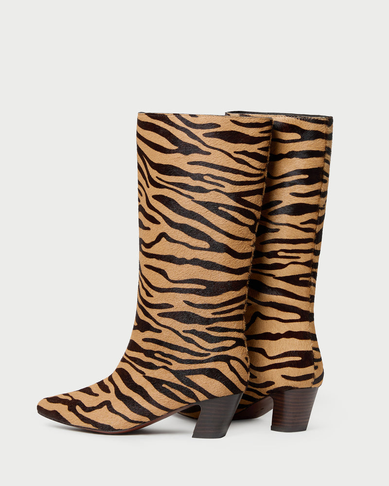 Cleo Zebra Mid-Calf Boot in zebra calf hair.