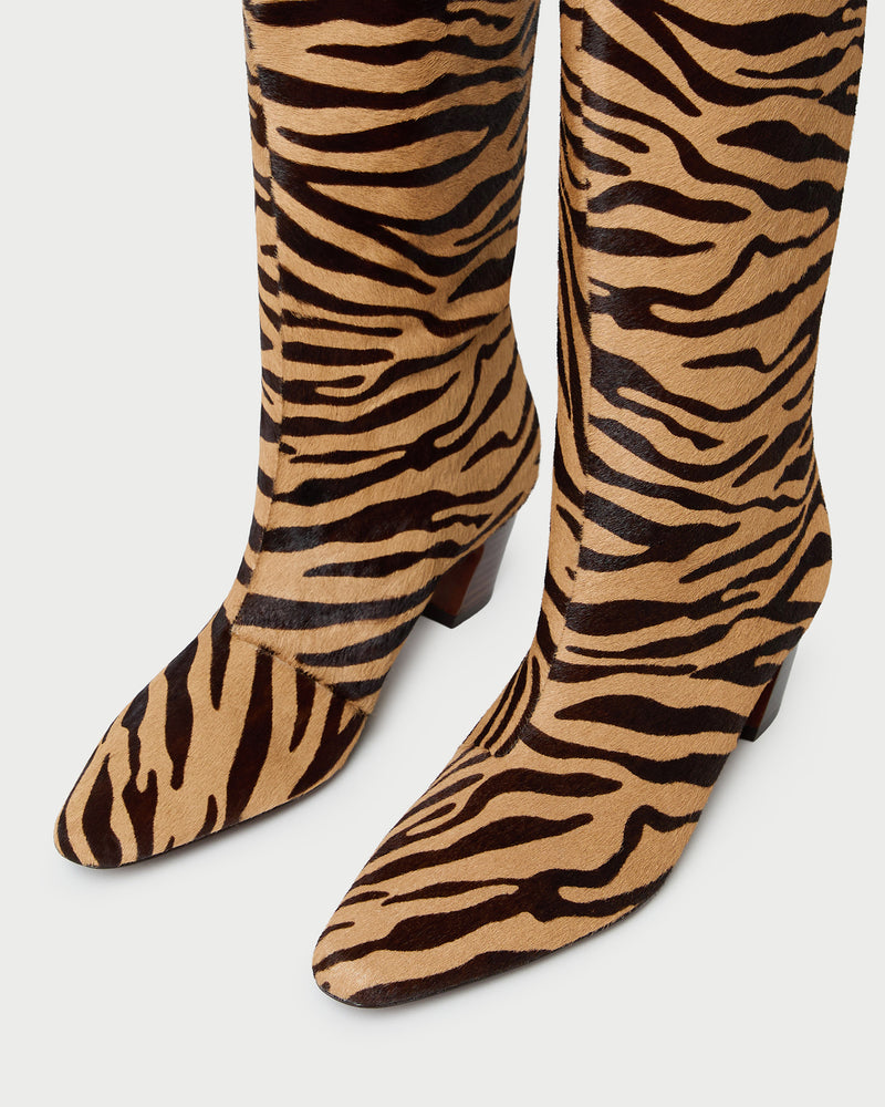 Cleo Zebra Mid-Calf Boot in zebra calf hair.