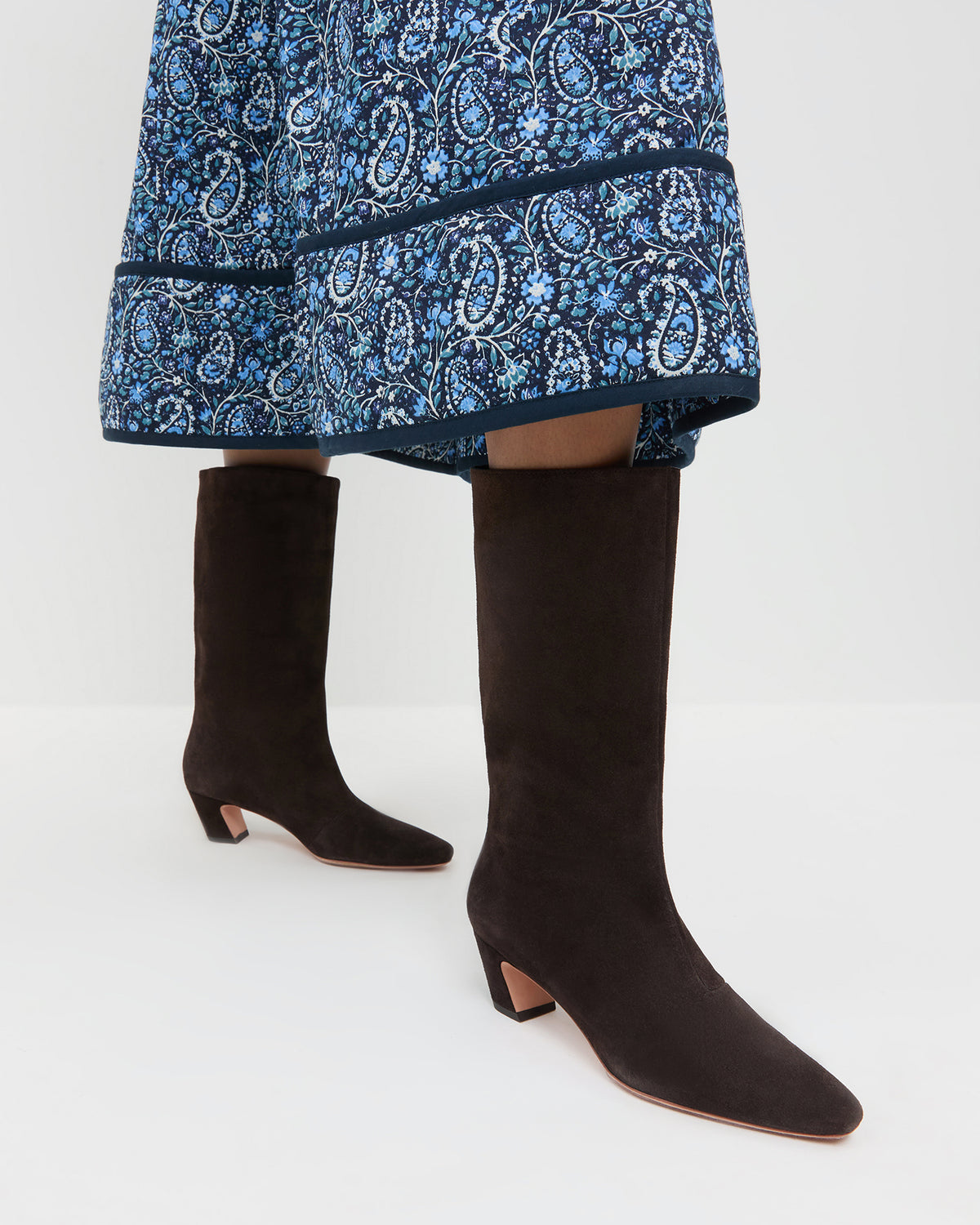 Cleo Brown Suede Mid-Calf Boot in brown suede and Ainsley Dress in Blue Paisley Floral.