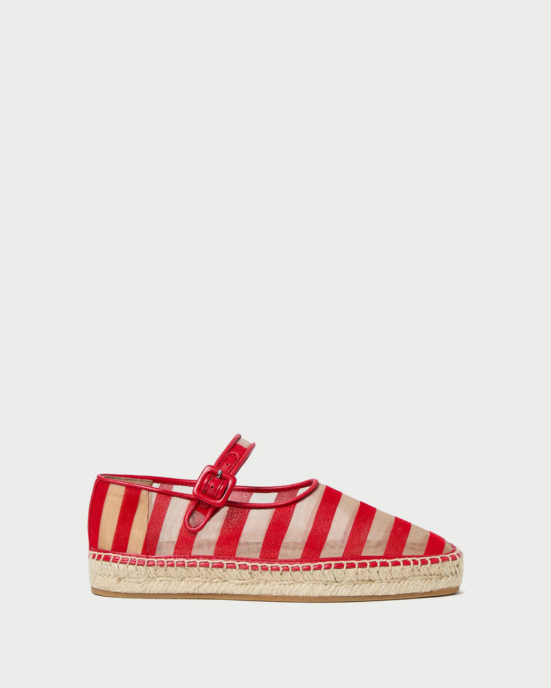 Clover Red/Caramel Mesh Espadrille in red and tan striped mesh.