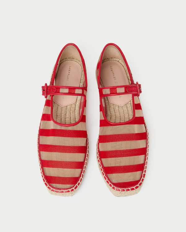 Clover Red/Caramel Mesh Espadrille in red and tan striped mesh.