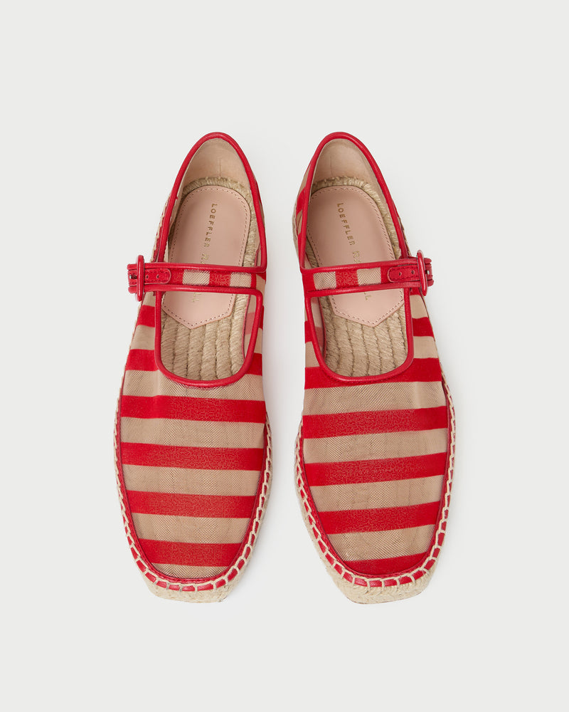 Clover Red/Caramel Mesh Espadrille in red and tan striped mesh.
