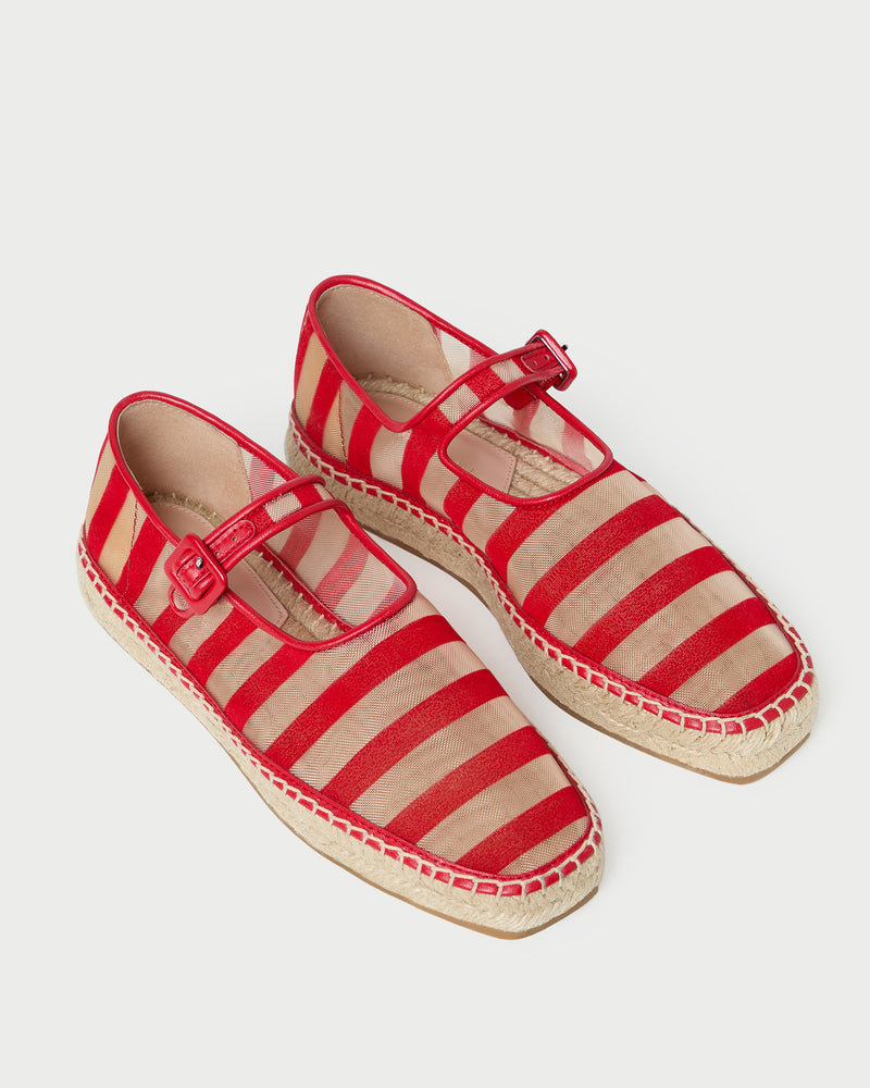 Clover Red/Caramel Mesh Espadrille in red and tan striped mesh.