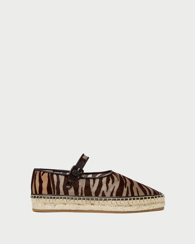 Clover Mary Jane espadrille in zebra flocked mesh.