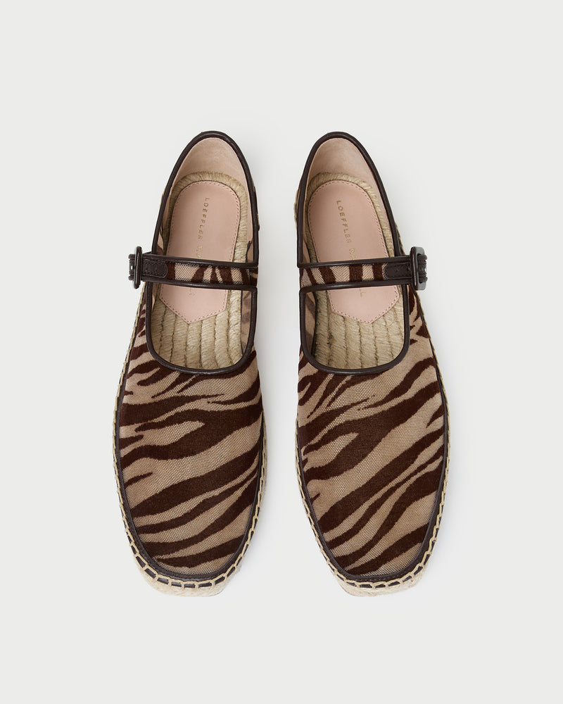 Clover Mary Jane espadrille in zebra flocked mesh.