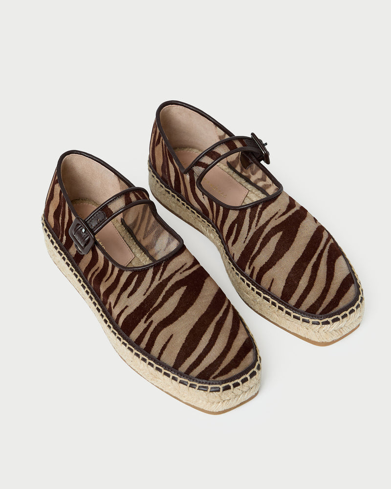 Clover Mary Jane espadrille in zebra flocked mesh.