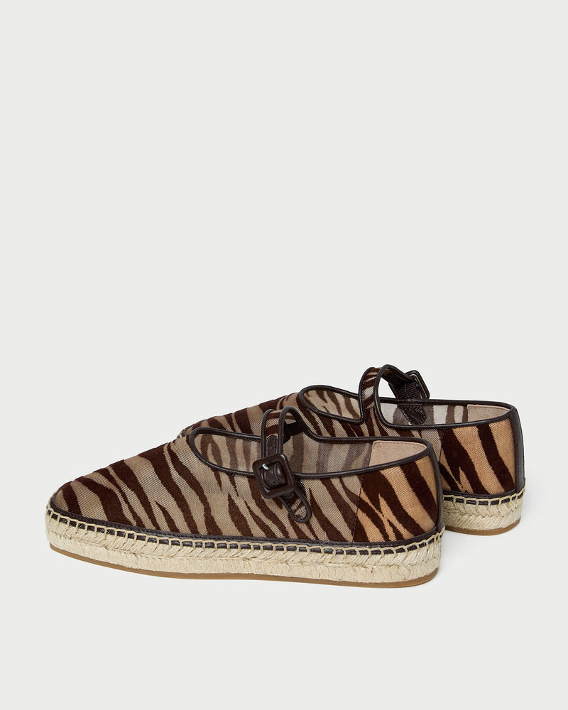 Clover Mary Jane espadrille in zebra flocked mesh.