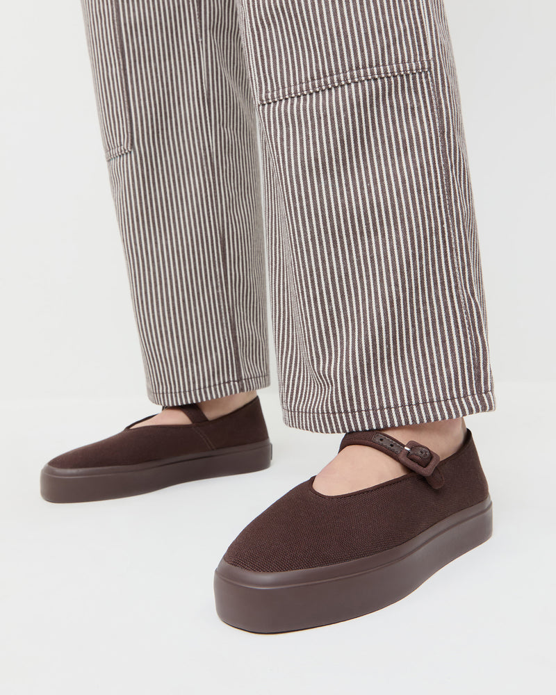 Cooper Dark Brown Mary Jane Sneaker in brown canvas and Molly Workwear Jean in brown striped denim.