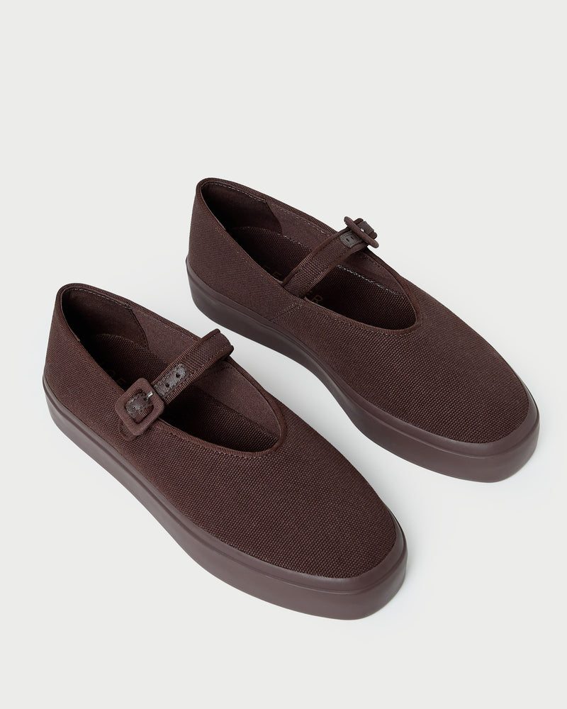 Cooper Dark Brown Mary Jane Sneaker in brown canvas.