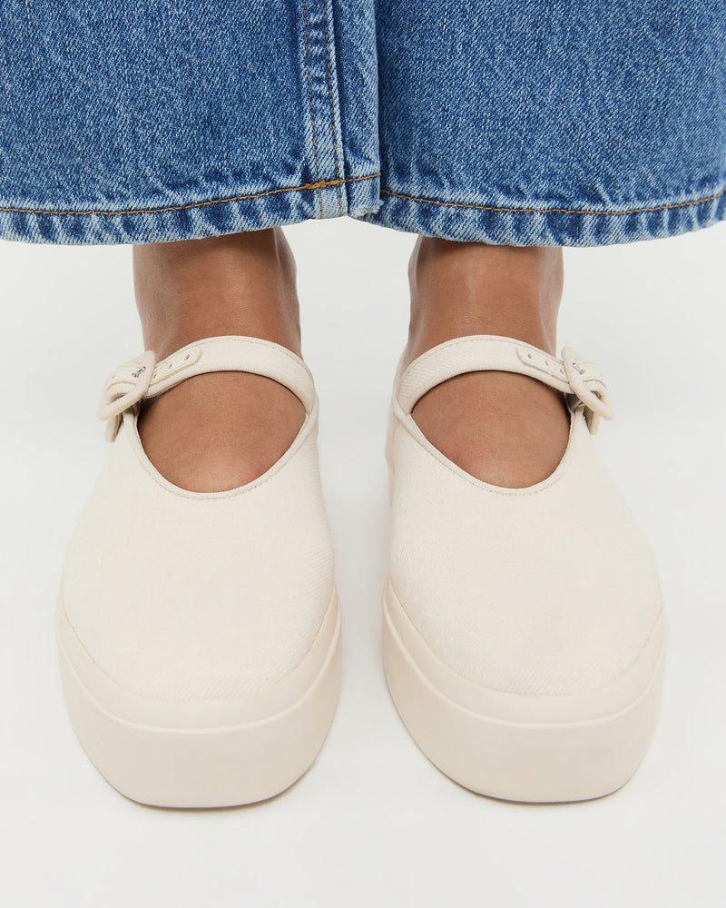 Cooper Natural Mary Jane Sneaker in natural canvas and Molly Workwear Jean in medium washed blue denim.