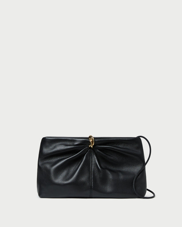 Corrine Black Leather Gathered Clutch in black leather with a gold accent.