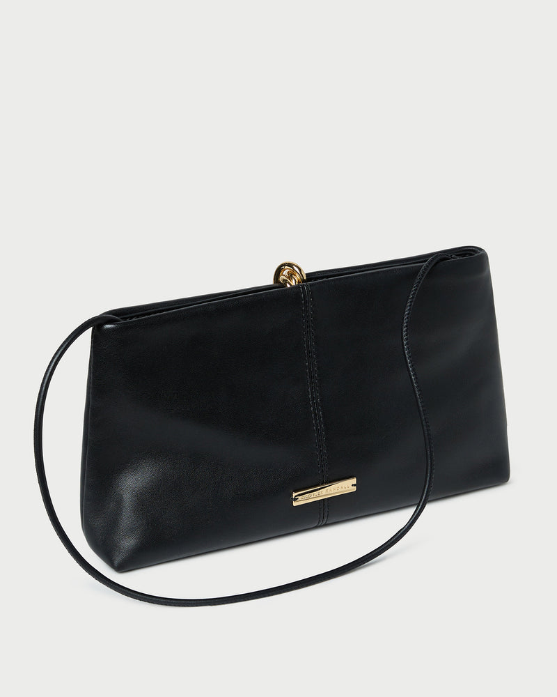 Corrine Black Leather Gathered Clutch in black leather with a gold accent.