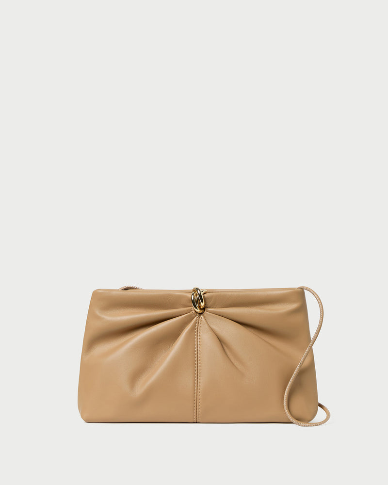 Corrine Khaki Leather Gathered Clutch in khaki tan nappa leather.