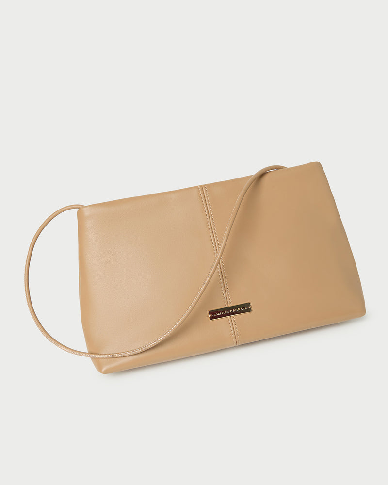 Corrine Khaki Leather Gathered Clutch in khaki tan nappa leather.