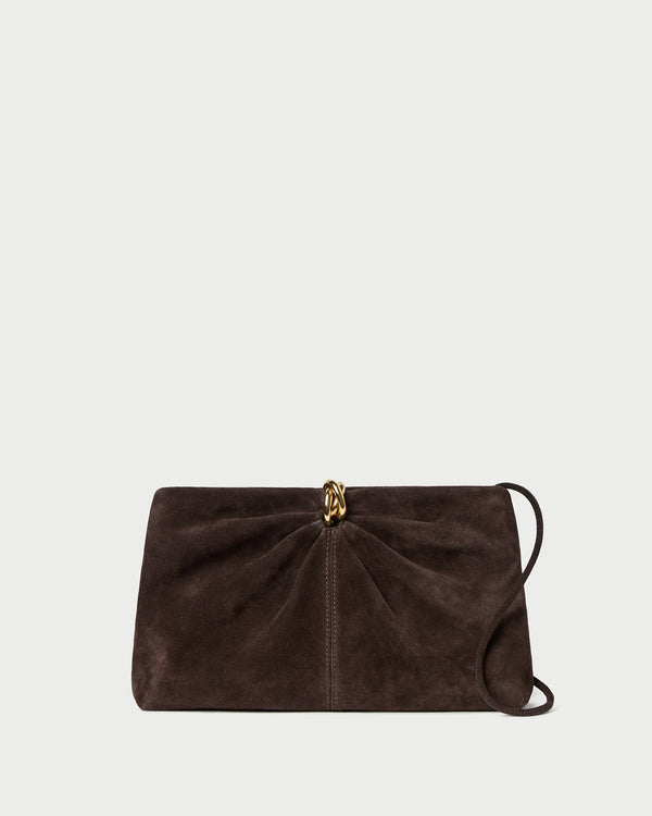 Corrine Brown Suede Gathered Clutch in brown suede with a gold accent.