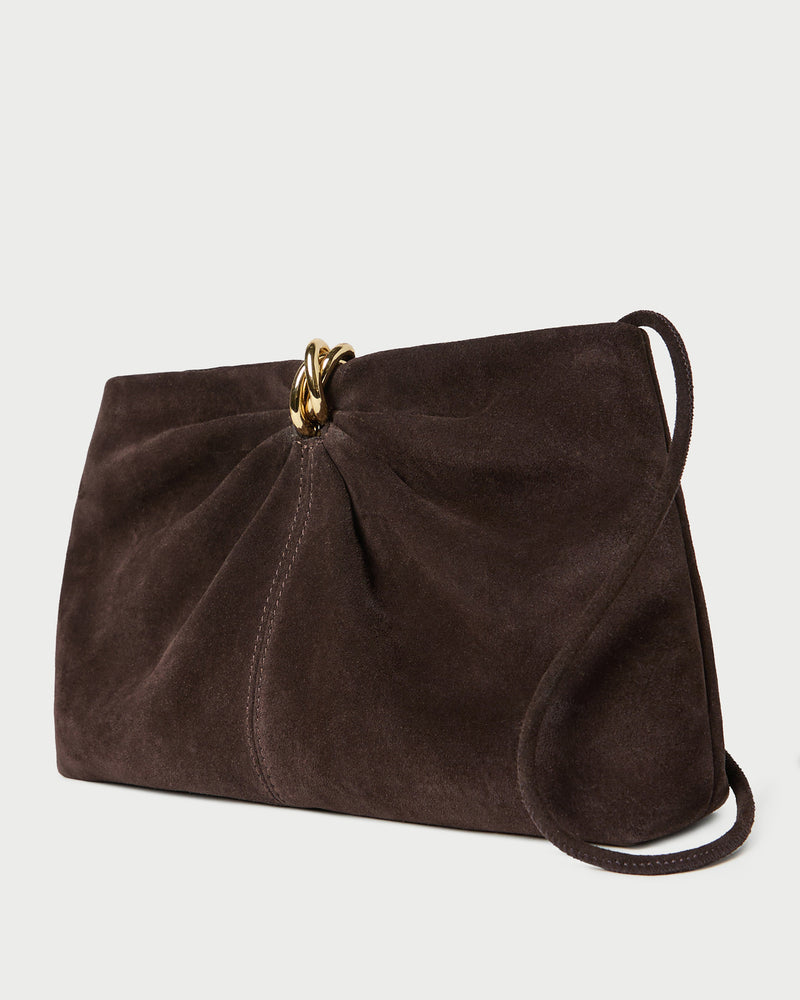 Corrine Brown Suede Gathered Clutch in brown suede with a gold accent.