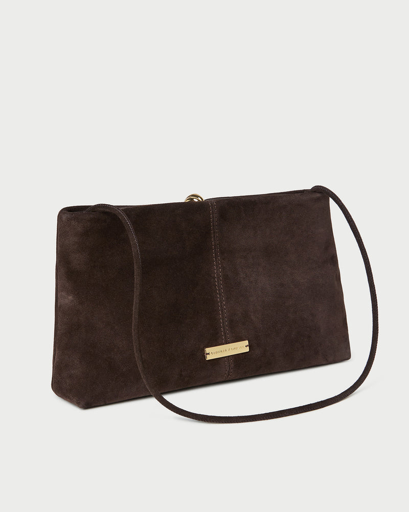 Corrine Brown Suede Gathered Clutch in brown suede with a gold accent.