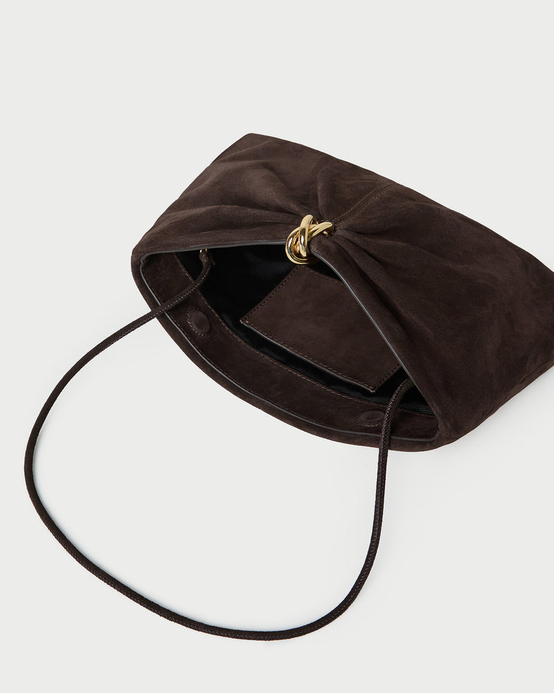 Corrine Brown Suede Gathered Clutch in brown suede with a gold accent.