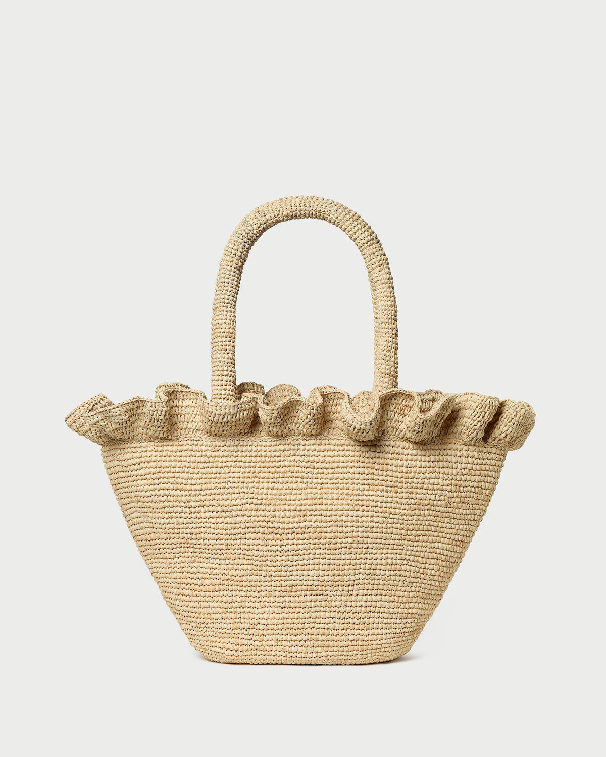 Cyrus Natural Ruffled Woven Tote in natural raffia.