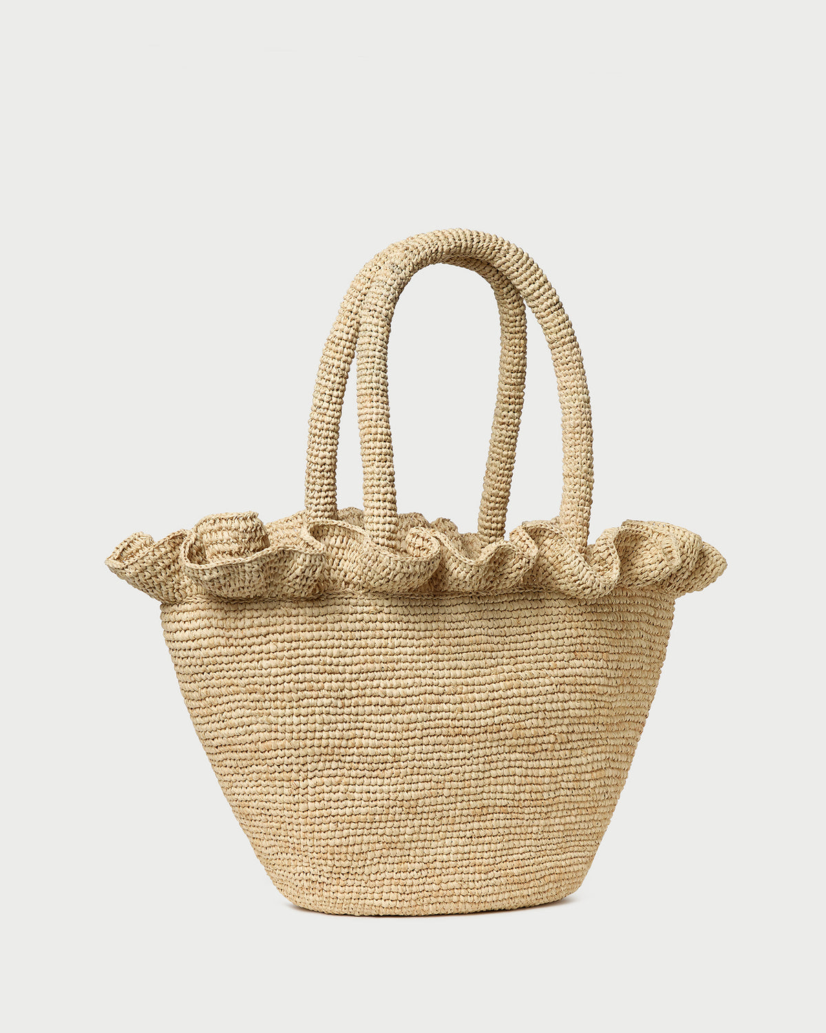 Cyrus Natural Ruffled Woven Tote in natural raffia.