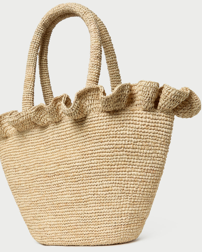 Cyrus Natural Ruffled Woven Tote in natural raffia.