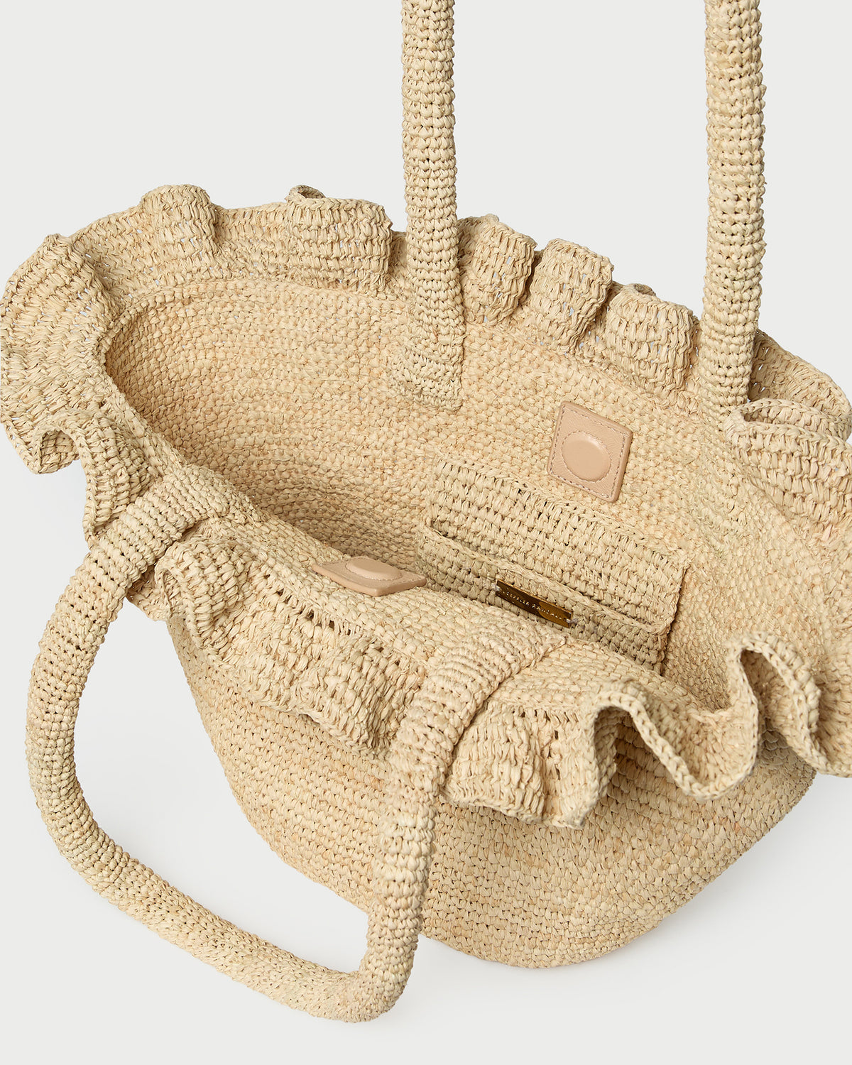 Cyrus Natural Ruffled Woven Tote in natural raffia.