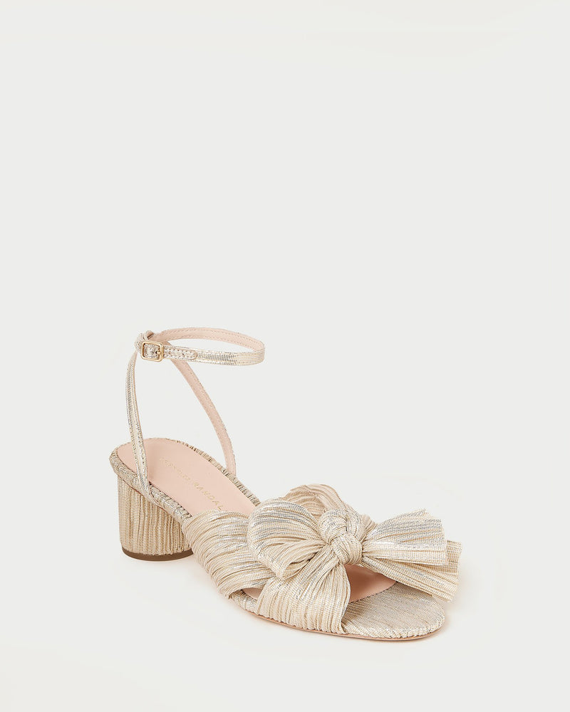 Dahlia Platinum Pleated Bow Heel in light champagne pleated lamé