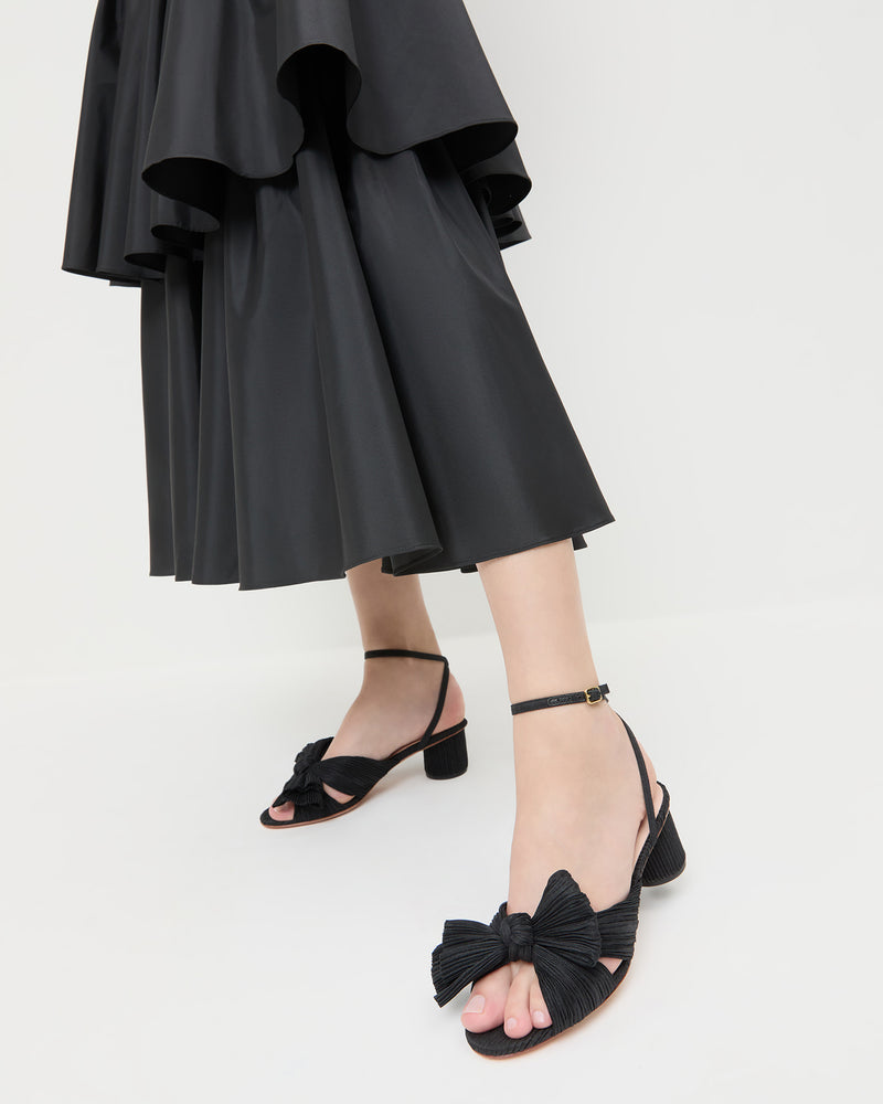 Dahlia Black Pleated Bow Heel in black pleated organza fabric and Sora Skirt in black taffeta.
