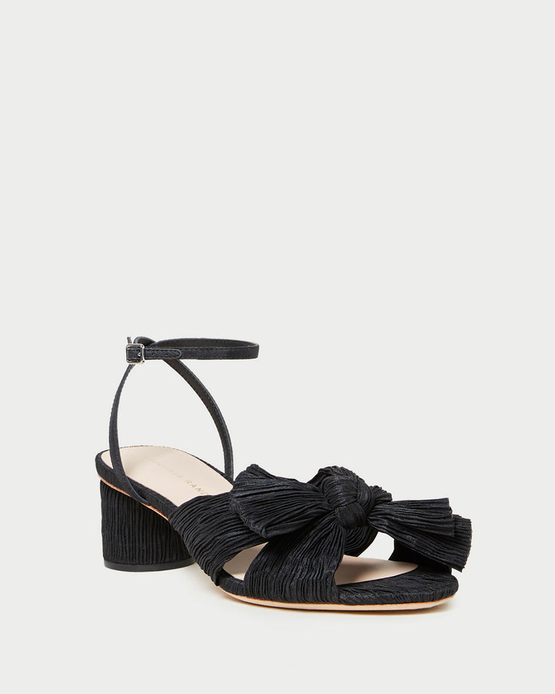 Dahlia Black Pleated Bow Heel in black pleated organza fabric.