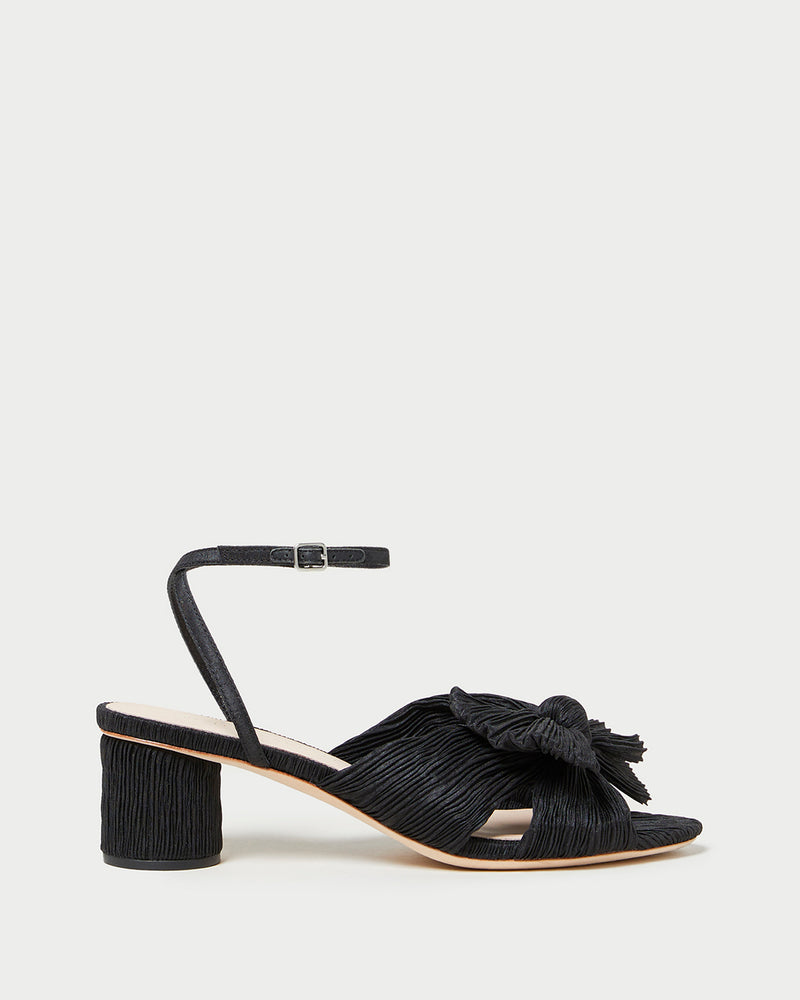 Dahlia Black Pleated Bow Heel in black pleated organza fabric.