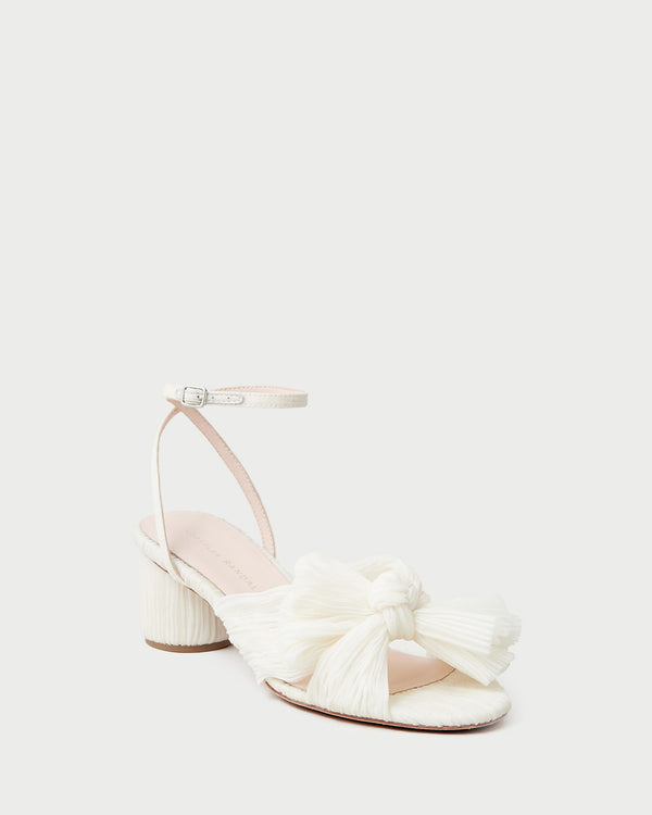 Dahlia Pearl Pleated Bow Heel in pearl pleated fabric.