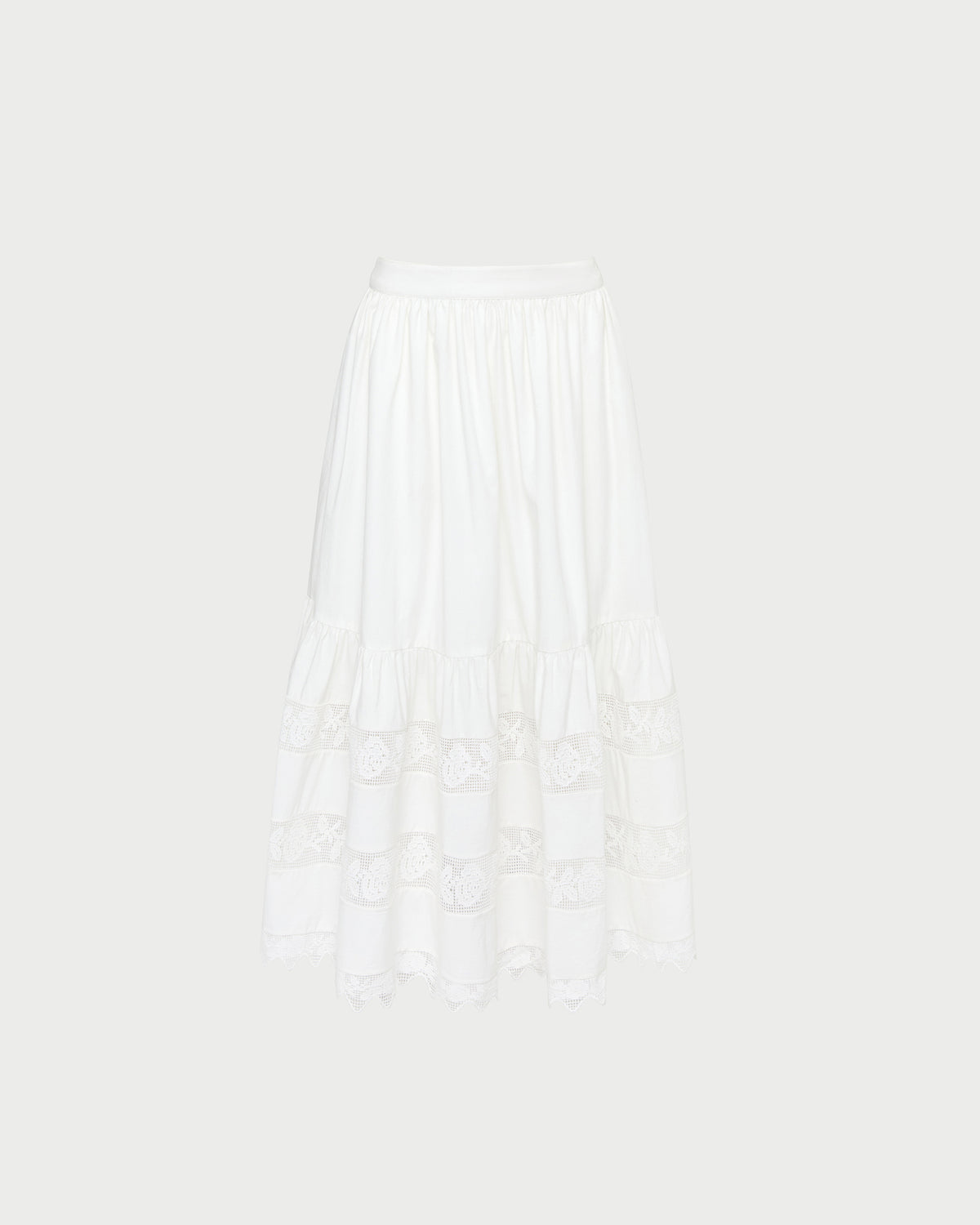 Delaney Midi skirt in cream cotton with lace detailing.
