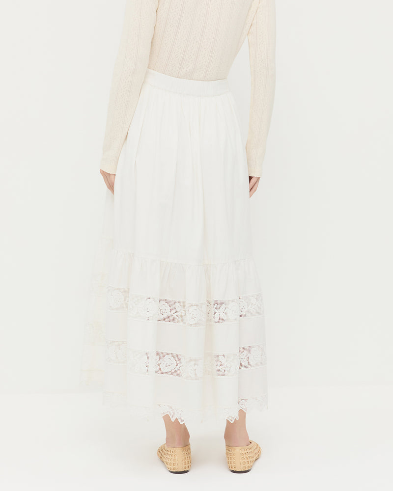 Delaney Midi skirt in cream cotton with lace detailing, Ash Cardigan in cream pointelle cotton, and Emery Natural Ballet Flat.
