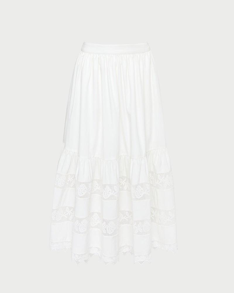 Delaney Midi skirt in cream cotton with lace detailing.
