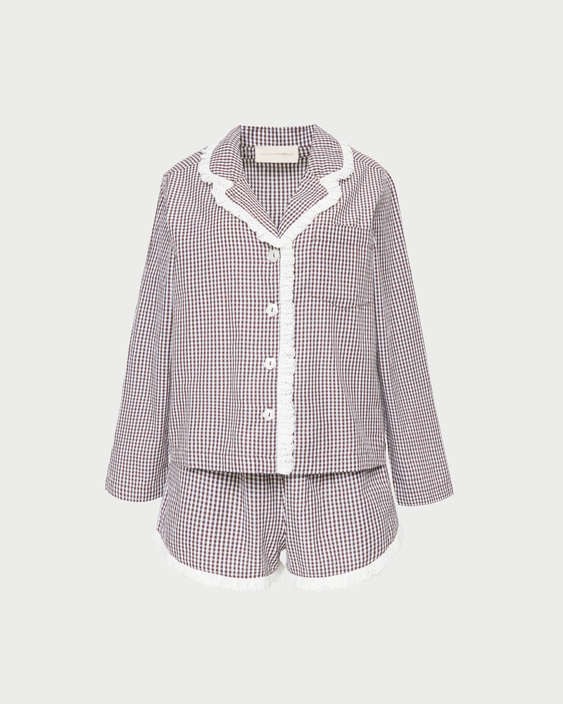 Della Top & Short Set in dark brown and cream gingham cotton.