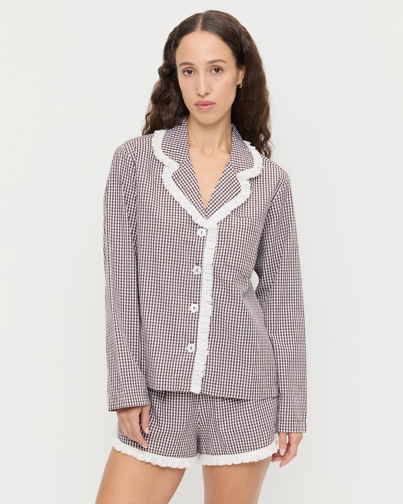 Della Top & Short Set in dark brown and cream gingham cotton.