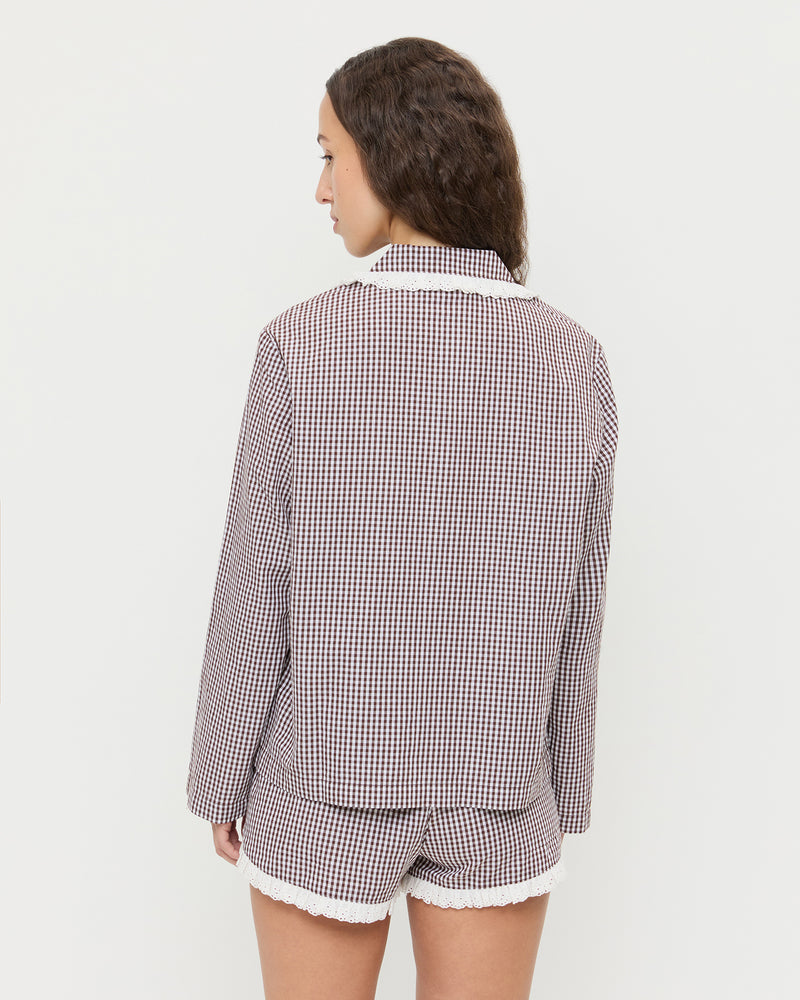 Della Top & Short Set in dark brown and cream gingham cotton.