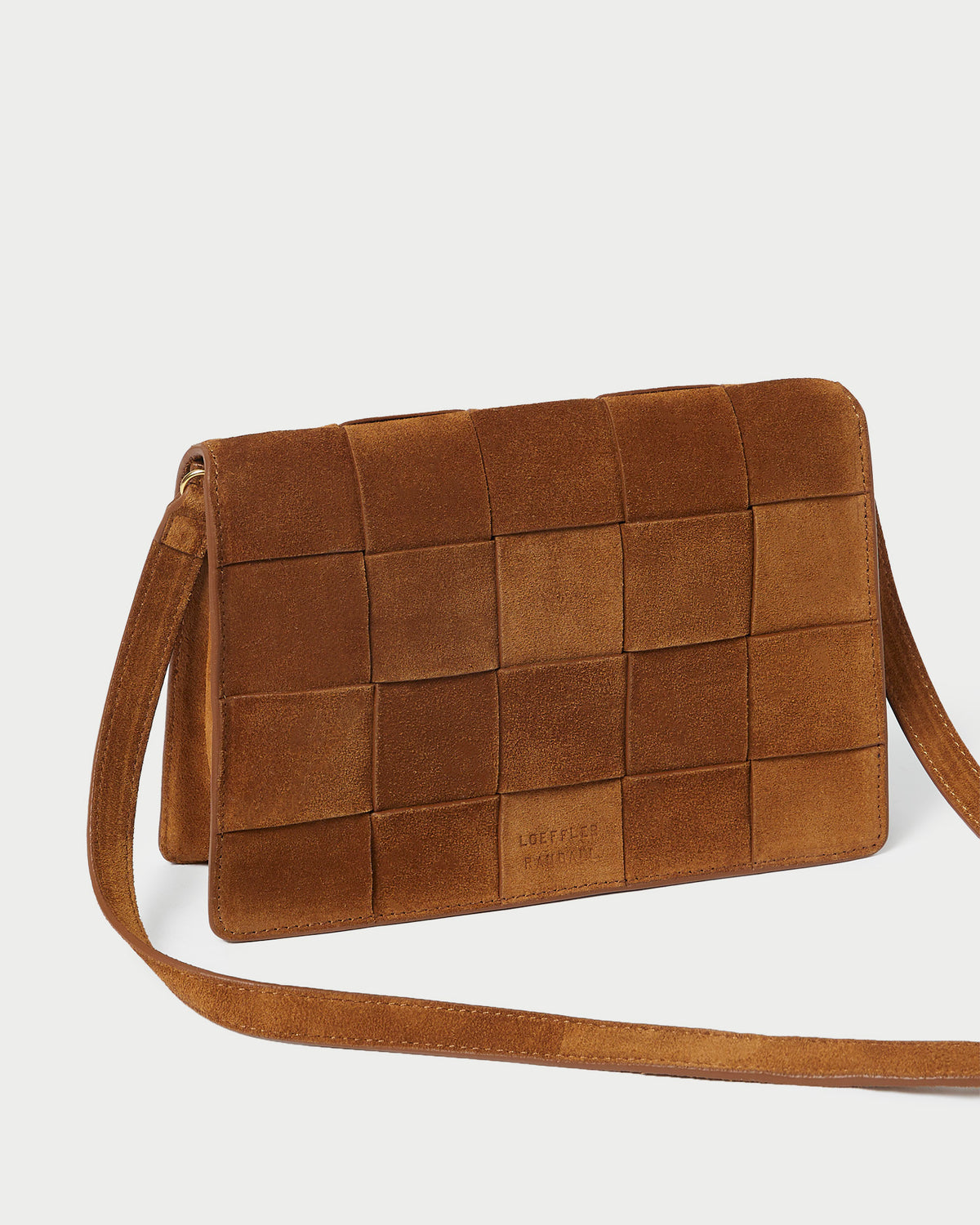 Delphine Cacao Suede Shoulder Bag in cacao brown woven suede.