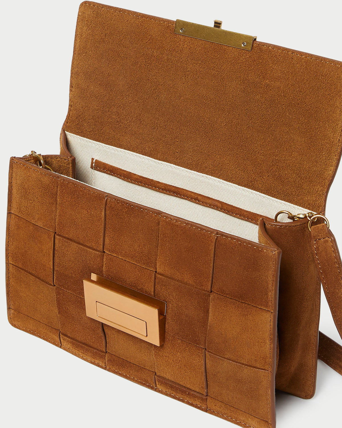 Delphine Cacao Suede Shoulder Bag in cacao brown woven suede.
