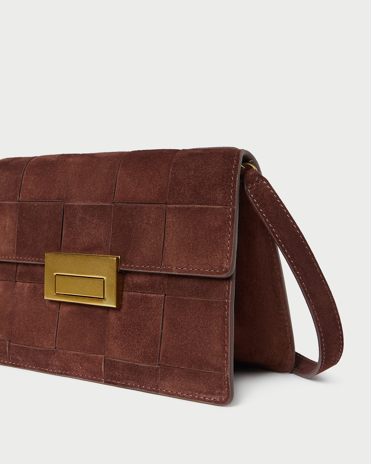 Delphine Espresso Suede Shoulder Bag in espresso brown woven suede.