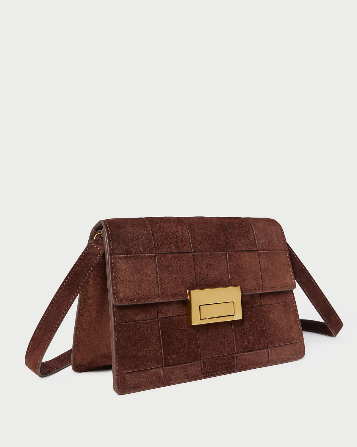 Delphine Espresso Suede Shoulder Bag in espresso brown woven suede.
