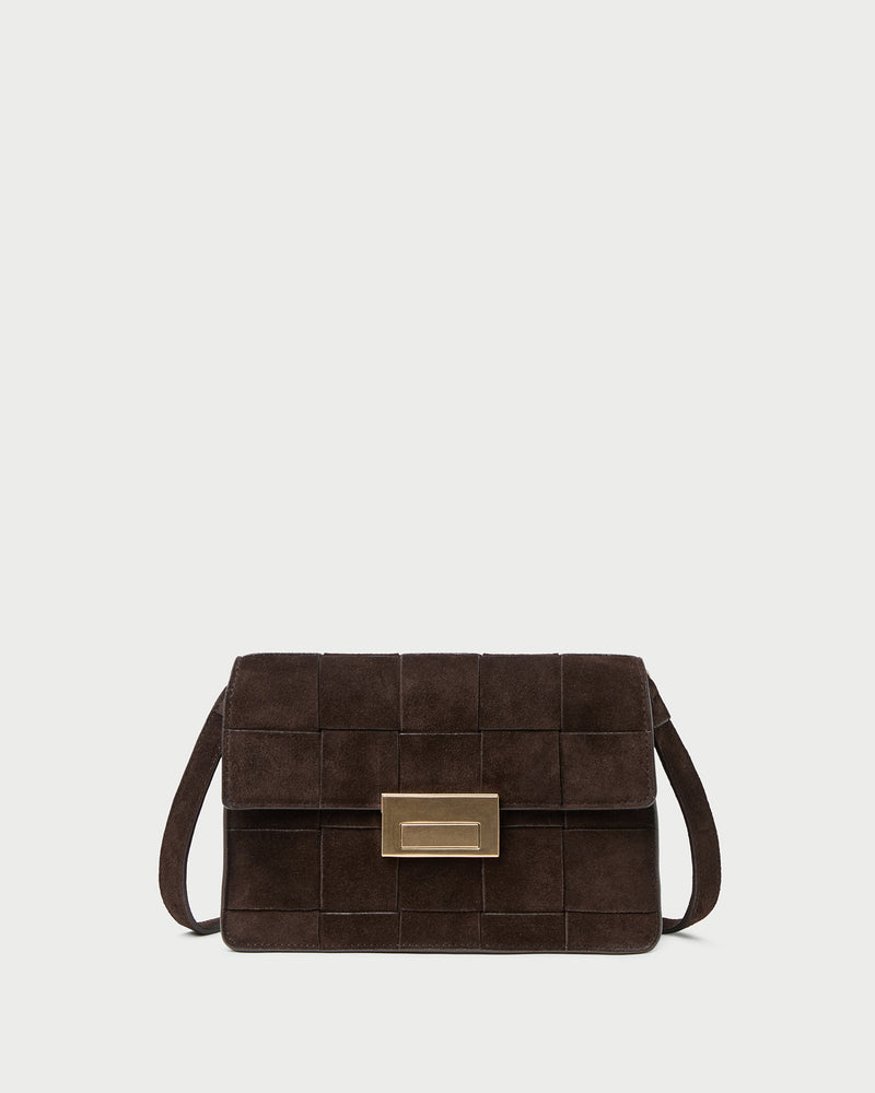 Delphine Brown Suede Shoulder Bag in brown woven suede.