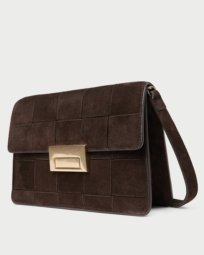 Delphine Brown Suede Shoulder Bag in brown woven suede.