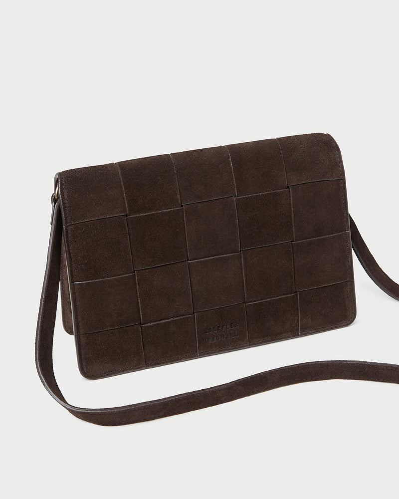 Delphine Brown Suede Shoulder Bag in brown woven suede.