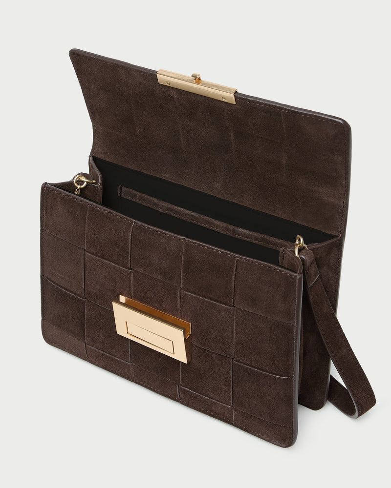 Delphine Brown Suede Shoulder Bag in brown woven suede.