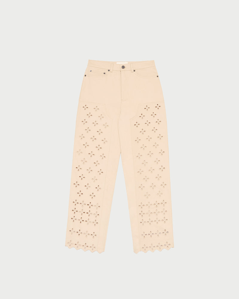 Demi Embroidered Pant in tan Japanese cotton twill with eyelet lace.